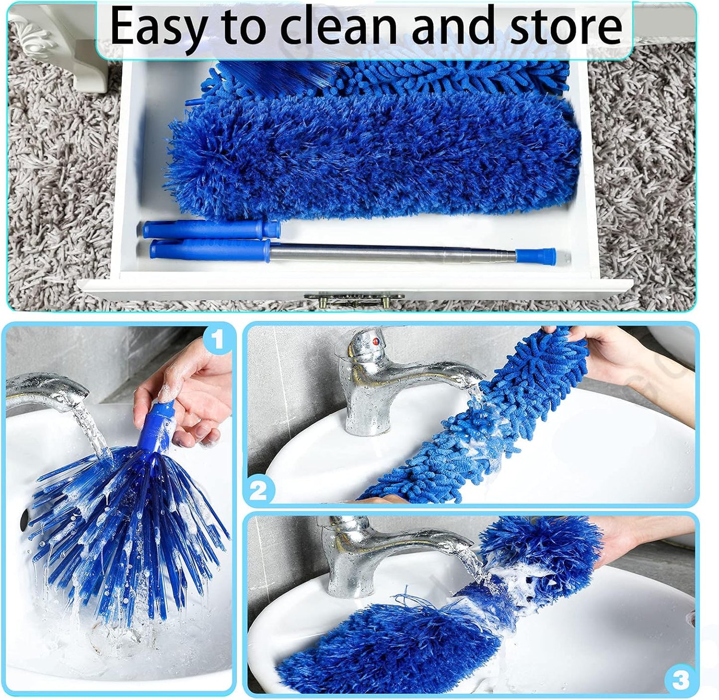 ZZ LAZYCOTTAGE Duster, Microfiber Dusters with 2 Handle Sets, Durable 15-98.1 Inches Long Telescopic Rod, Washable, Feather Dusters for Cleaning Cobweb and Ceilings Fans, 5 Pack (Blue)