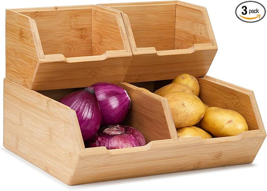 Pantry Storage Bins 3-Pack, Stackable Bamboo Containers by ECO-CHICBambooFurniture