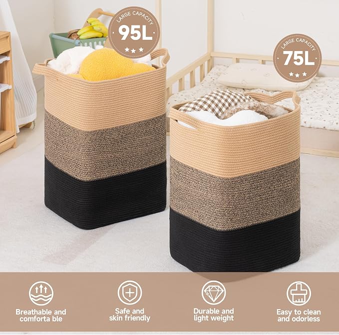 CLHMILY&Z 75L Laundry Basket Rectangular Black Jute Rope - Image 6