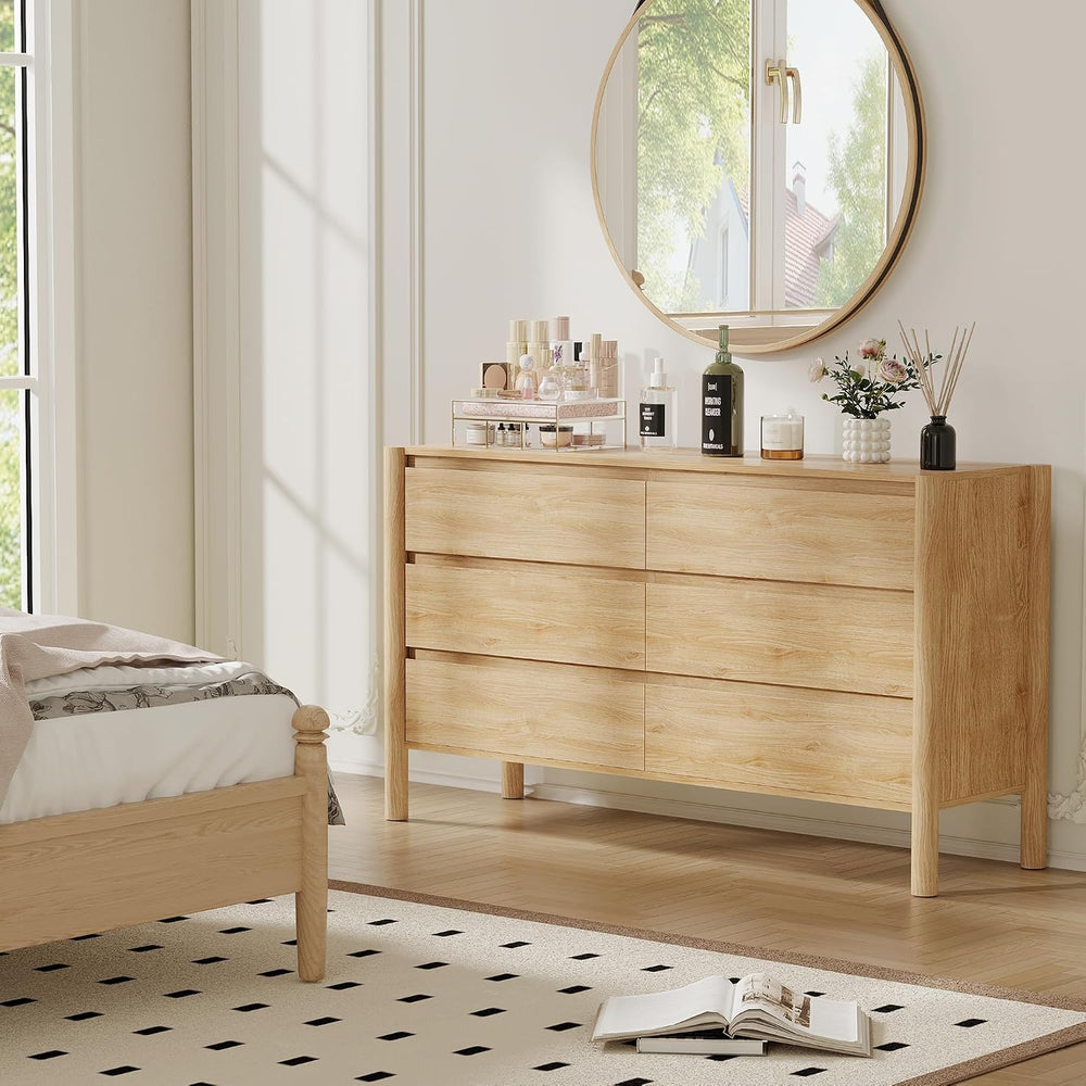 CHUWELL 47.2" Wide Oak 6 Drawer Dresser for Bedroom with Solid Wood Legs