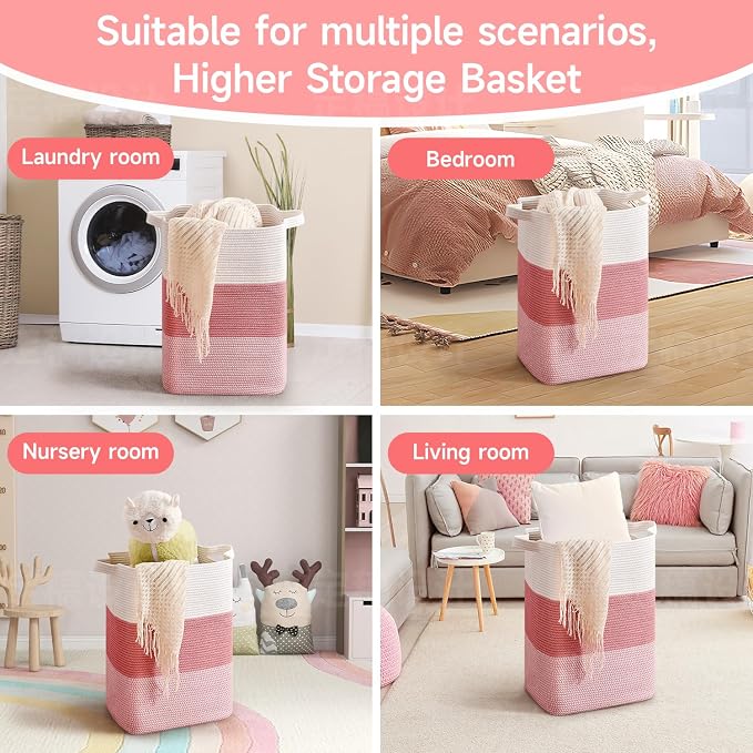 CLHMILY&Z 75L Laundry Hamper Rectangular Pink Rope Basket - Image 5