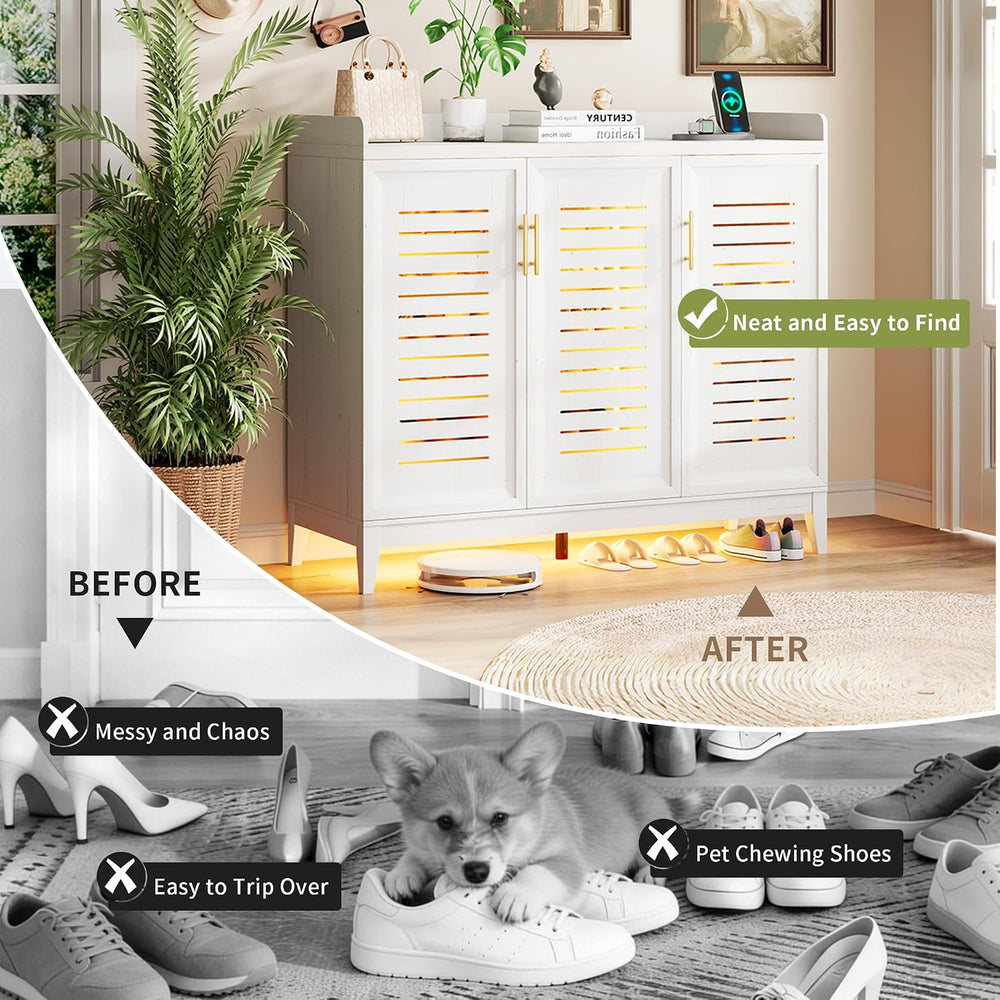 Vlsrka Rotating Shoe Storage Cabinet with Slatted Doors and Lights, White