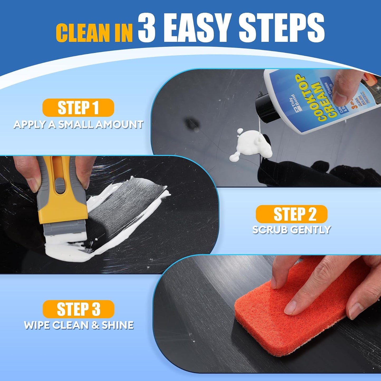 Glass Cooktop Cleaner & Polish Kit, Removes Burnt-On Food & Grease, 8.8 oz | Heavy Duty, Non-Scratch Stove Top Cleaner with Scraper & Scrubbing Pad, Safe for Induction, Electric & Ceramic Cooktops