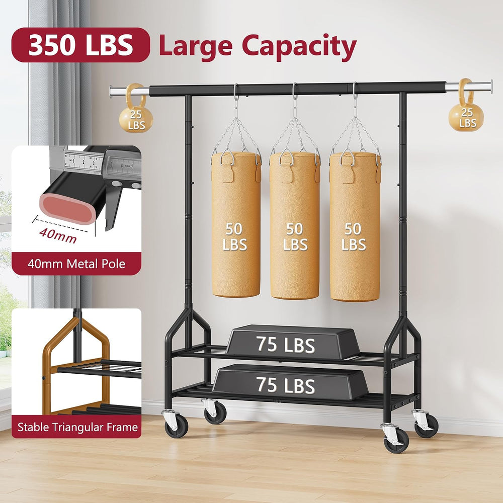 Tajsoon Clothing Rack with 2 Shelves, Metal Heavy Duty Load 350 LBS, Black