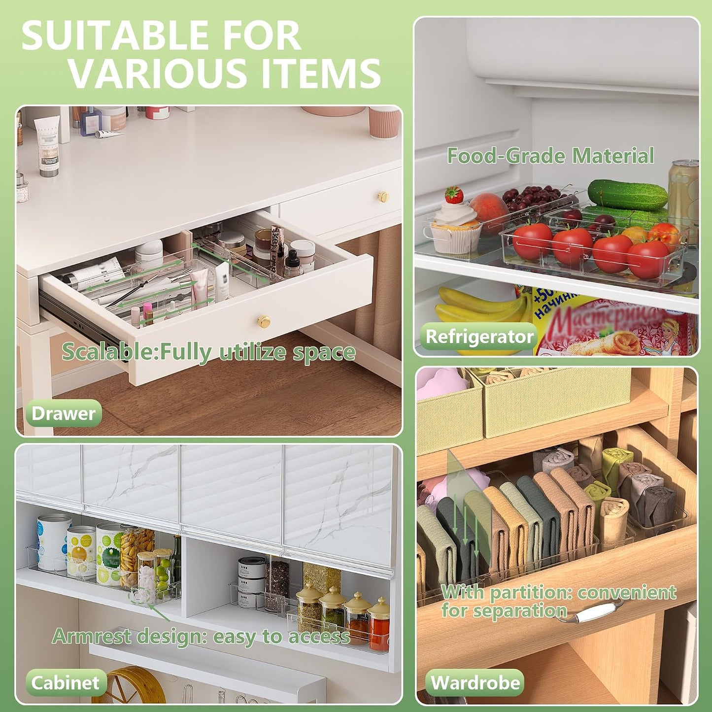 BLULEE 4-in-1 Expandable Drawer Organizer Set, Adjustable Clear Bins | with Dividers for Kitchen, Bathroom, Vanity & Office, Scalable Trays for Cosmetics, Utensils & Desk Accessories (4 Pcs)