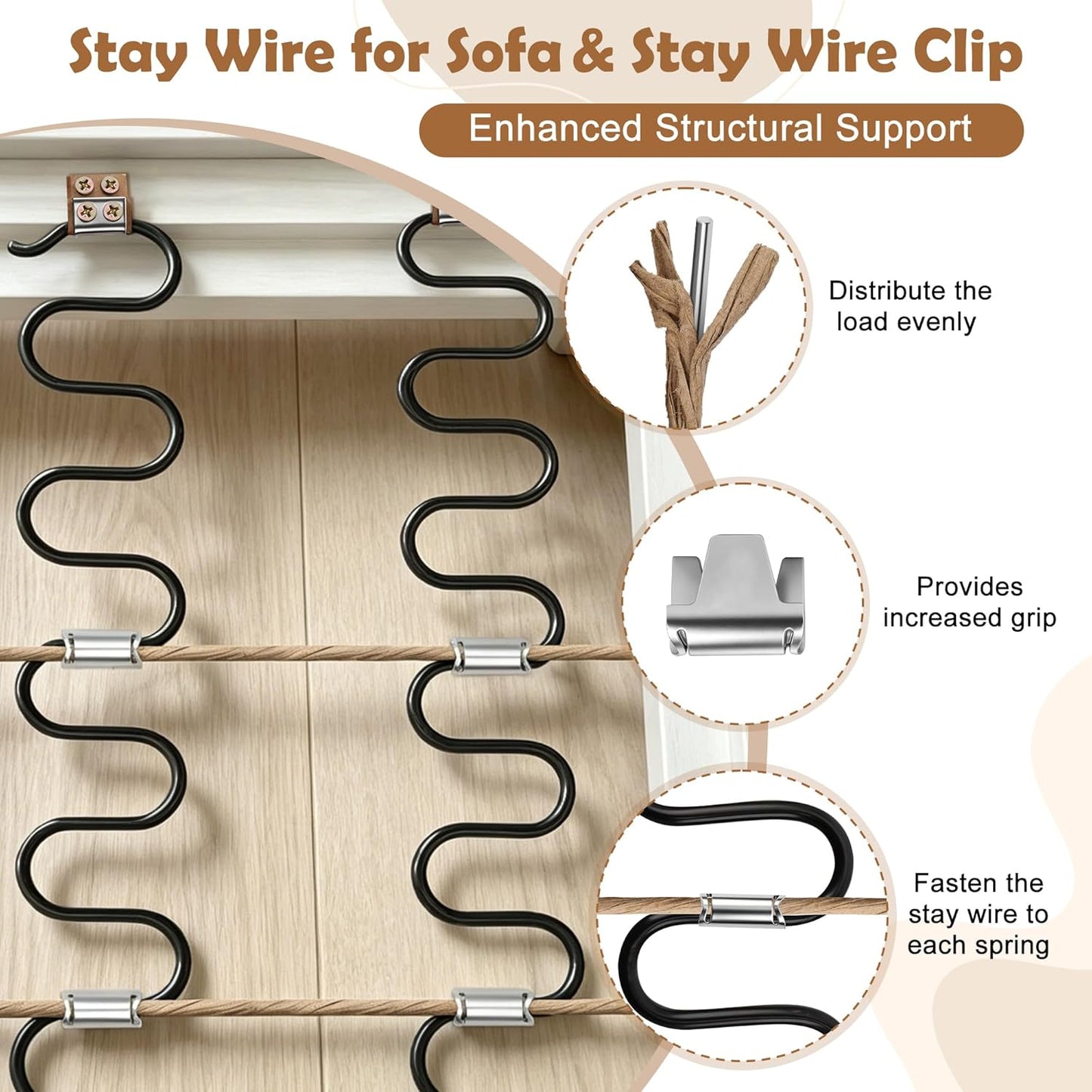Couch Spring Repair Kit to Fix Sofa Support for Sagging Cushions - Includes 4pk of Springs, Upholstery Spring Clips, Seat Stay Wire, Screws-Sofa Upholstery Replacement Kit