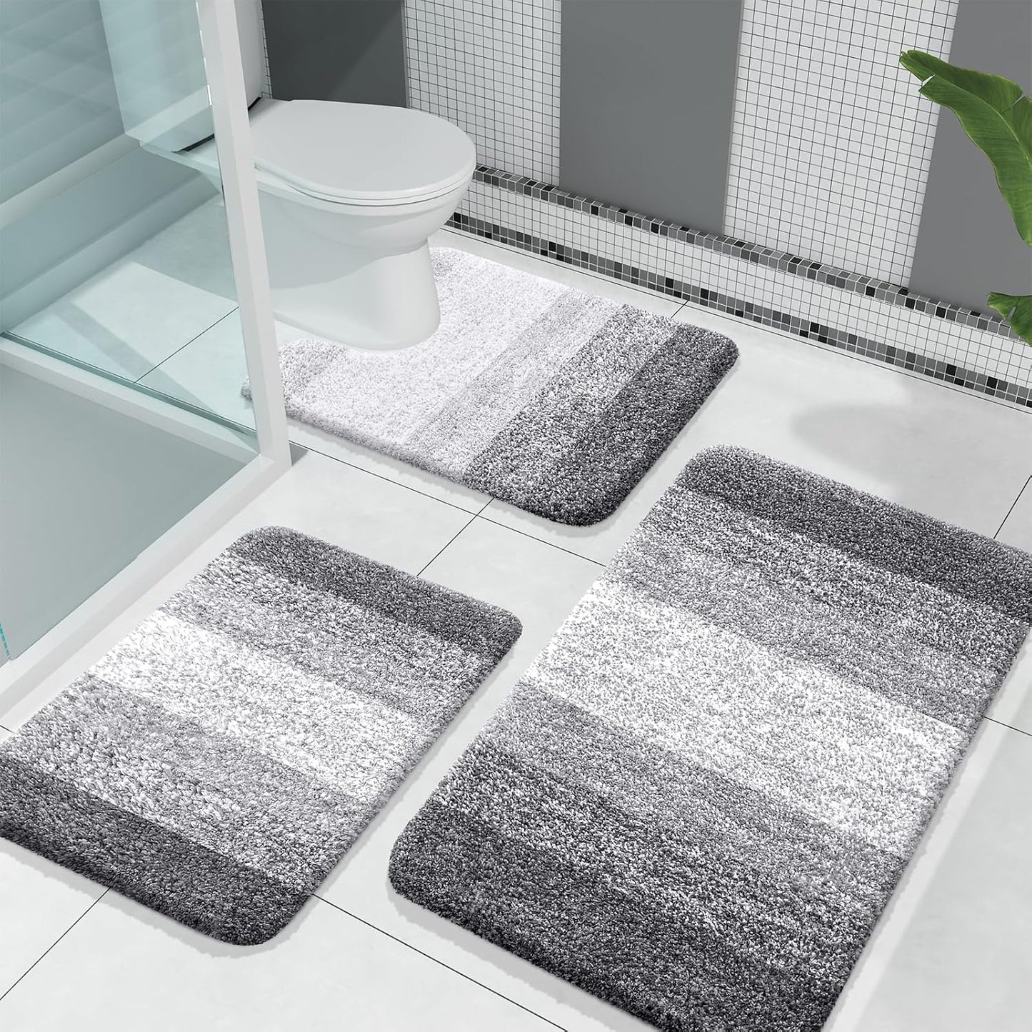 OLANLY Bathroom Rugs Sets 3 Piece, Soft Absorbent Microfiber Bath Mats and U-Shaped Contour Toilet Rug, Machine Wash Dry, Plush Shaggy Bath Mat Set for Bathroom (30"x20"+24"x16"+24"x20", Grey)