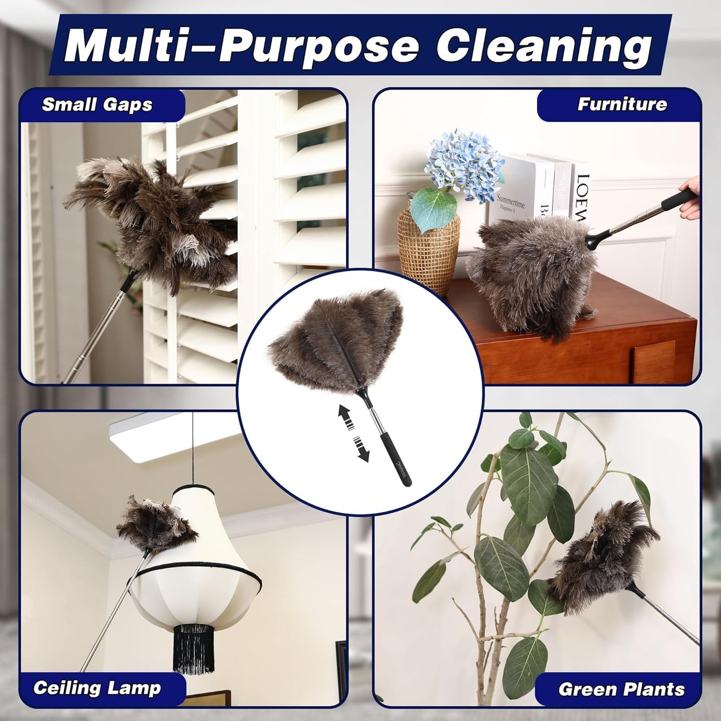 Soarer Extendable Ostrich Feather Duster - 40 inches Fluffy Long Handle Reusable Feather Duster for Cleaning Ceiling Fan,Pendant lamp, High Ceiling, Blinds, Furniture
