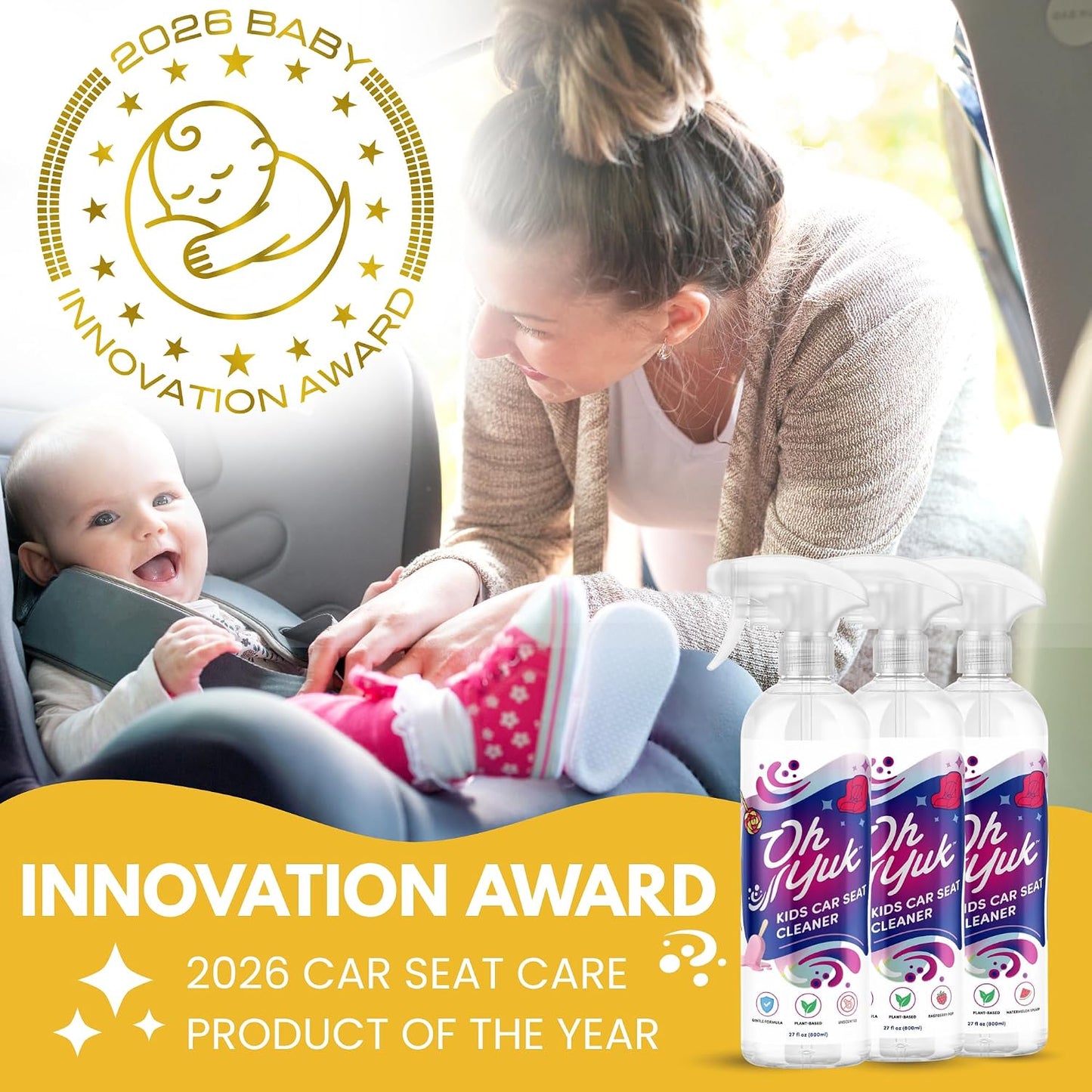 Oh Yuk Kids Car Seat Cleaner Spray, Probiotic Stain & Odor Remover for Kids Car Seats, Strollers & Fabric, Cleans Food, Milk & Juice Spills, Plant-Based Formula, 27 fl oz (Watermelon Splash)