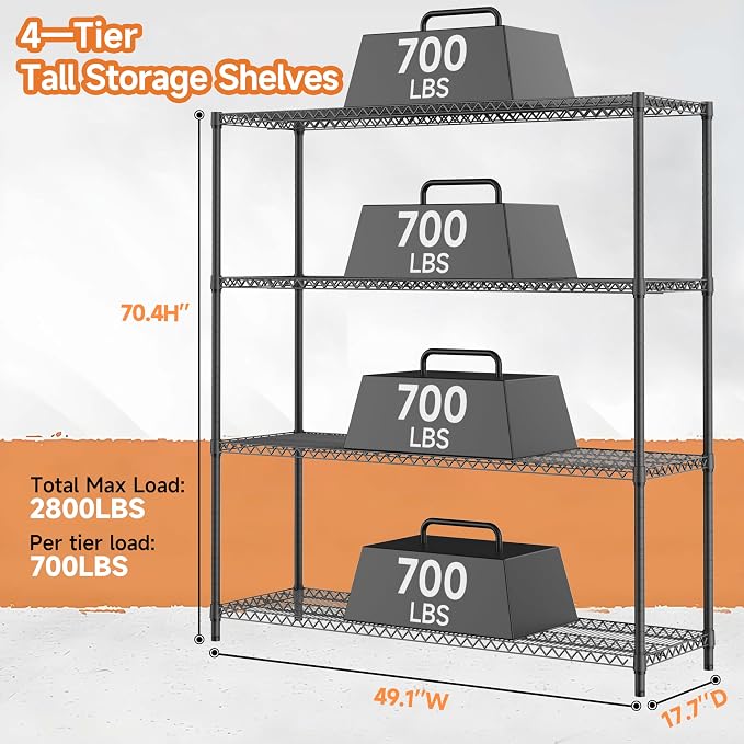 4 Tiers Storage Shelves Load 2640LBS, Metal Shelving Wire Metal Shelving Unit - Image 3