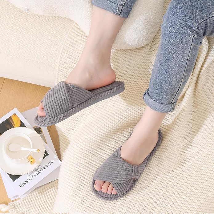 Evshine Summer House Slippers for Women Corduroy Cross Bow Indoor Slippers Open - Image 2