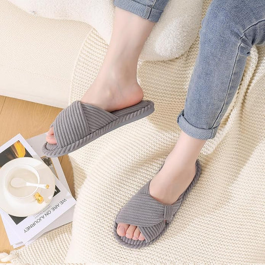 Evshine Summer House Slippers for Women Corduroy Cross Bow Indoor Slippers Open - Image 2