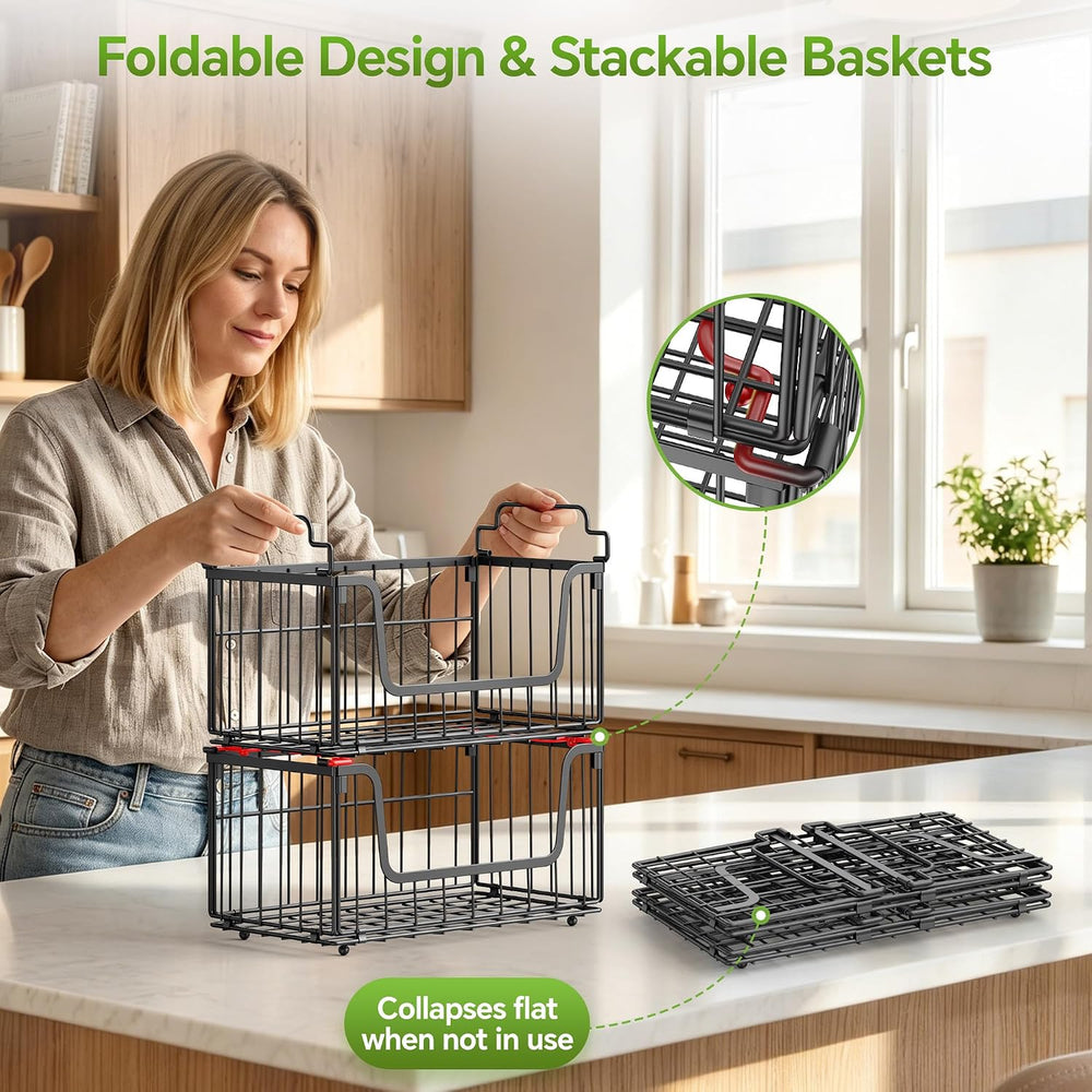 4 Pack Foldable Wire Basket for Pantry Organizers and Storage