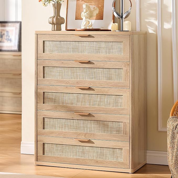 LEYAOYAO Rattan Dresser for Bedroom Set 2, Modern 5 Drawers Boho Dressers - Image 3