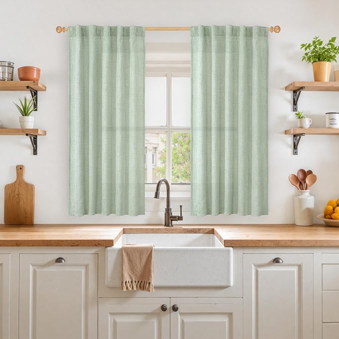 YoungsTex Sage Green Linen Semi Sheer Curtains 45 Inch Length - Image 2