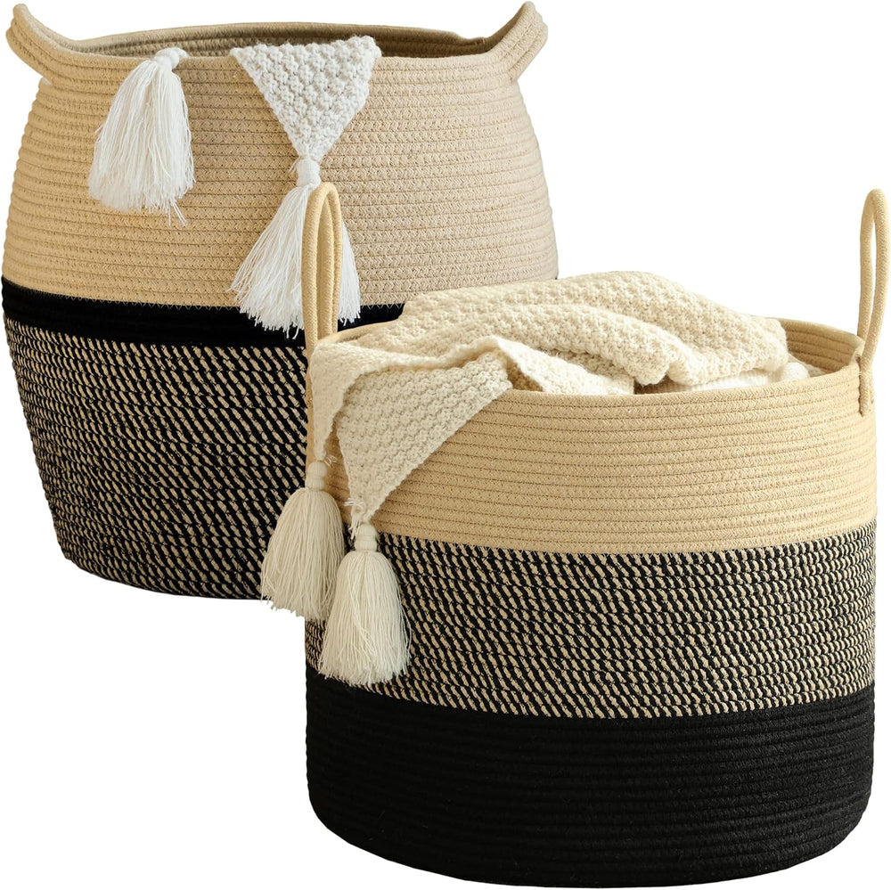 KAKAMAY Woven Cotton Rope Basket, Large Round Storage Basket, Foldable Laundr...