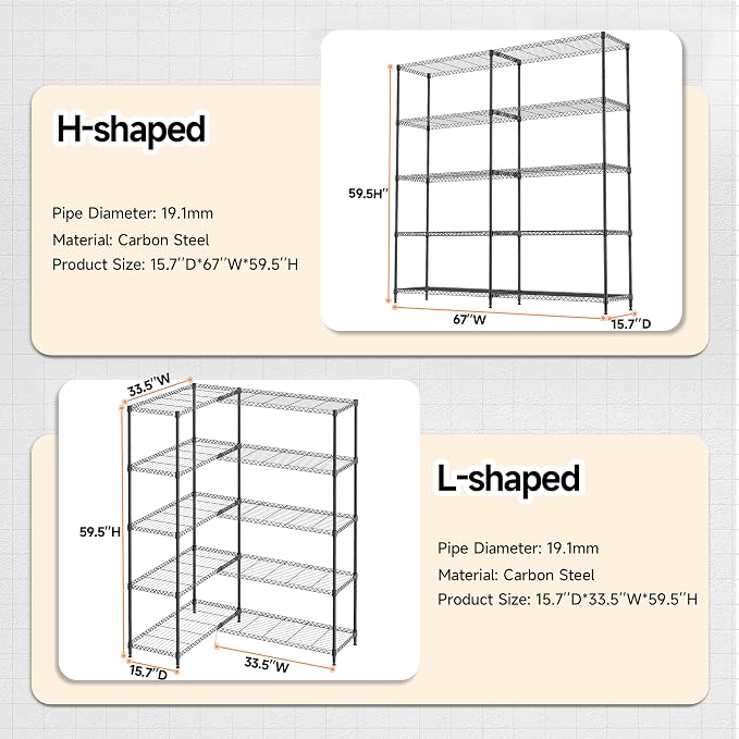 5 Tiers Storage Shelves Load 1500LBS, Metal Shelving Wire Metal Shelving Unit - Image 3