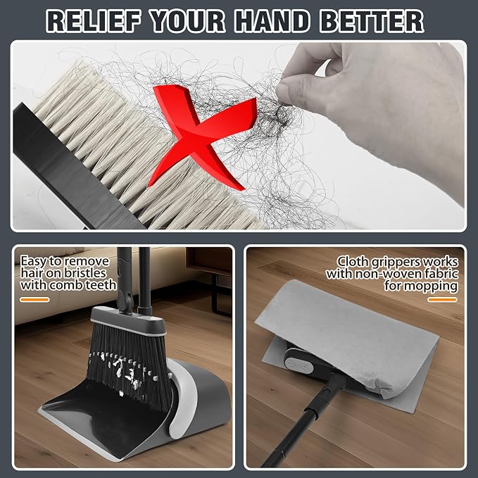JEHONN Broom and Dust Pan, 54.3 inches Long Handle Swivel Brush, Upright - Image 5