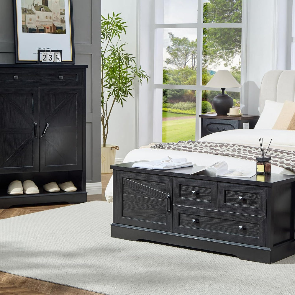 End of Bed Storage Bench, Farmhouse Bed Bench with Drawers & Cabinet, Black
