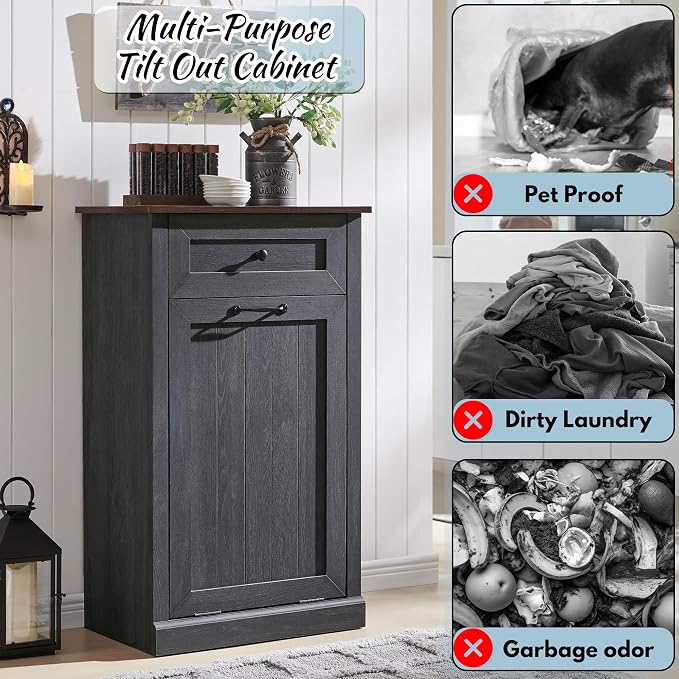 Tilt Out Laundry Hamper Cabinet, 10 Gallon Farmhouse Trash Can Cabinet - Image 4