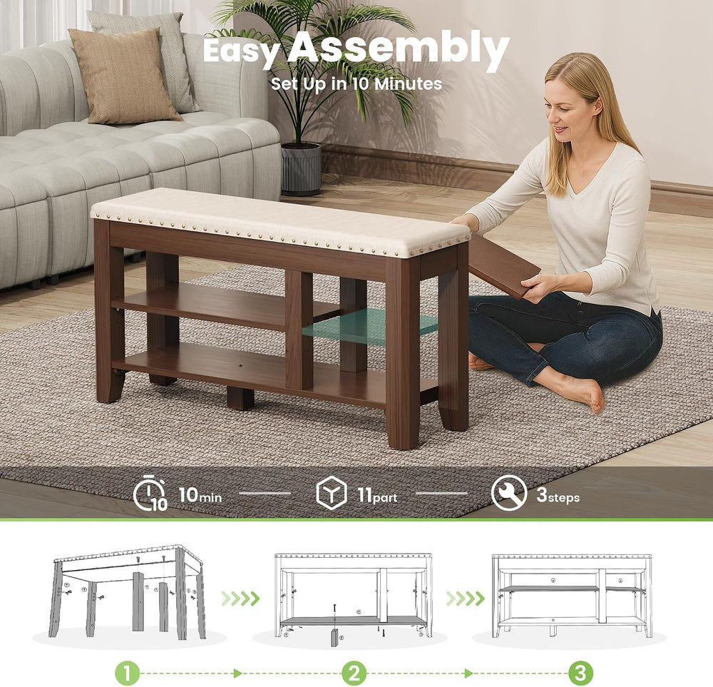 Shoe Bench for Entryway, Solid Rubberwood Shoe Bench with Hidden Storage, Adj...