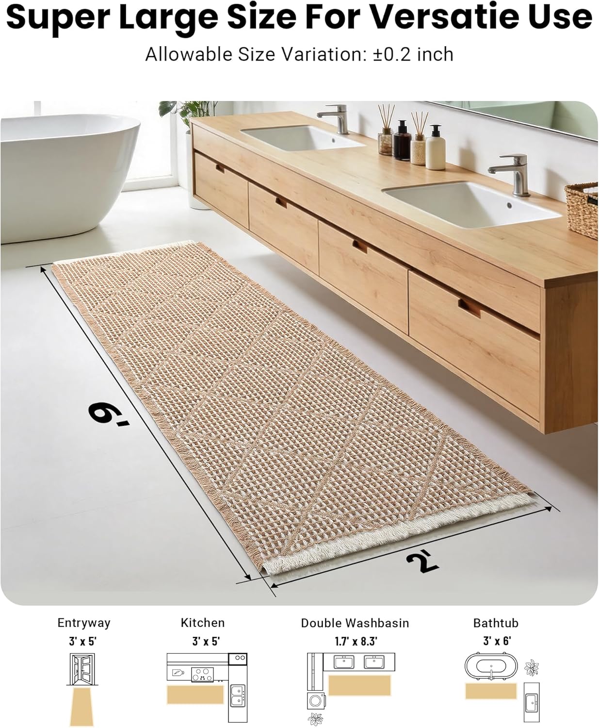 Large Bathroom Rugs 2' x 6', Long Runner Rug Waffle Bath Mat for Kitchen Rugs, Absorbent and Washable Bathroom Mat for Laundry Room, Soft Boho Runner Decor, Entryway Hallway Runner Rug No Slip