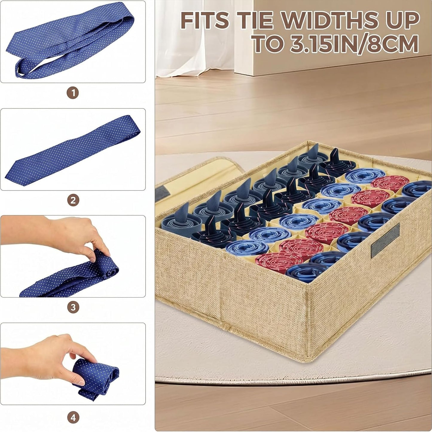 2-Pack Beige Sock & Tie Organizer with Lid, 30-Cell Foldable Storage Box | Keeps socks, ties, belts, small accessories neatly organized with a foldable, dustproof design and easy-access compartments