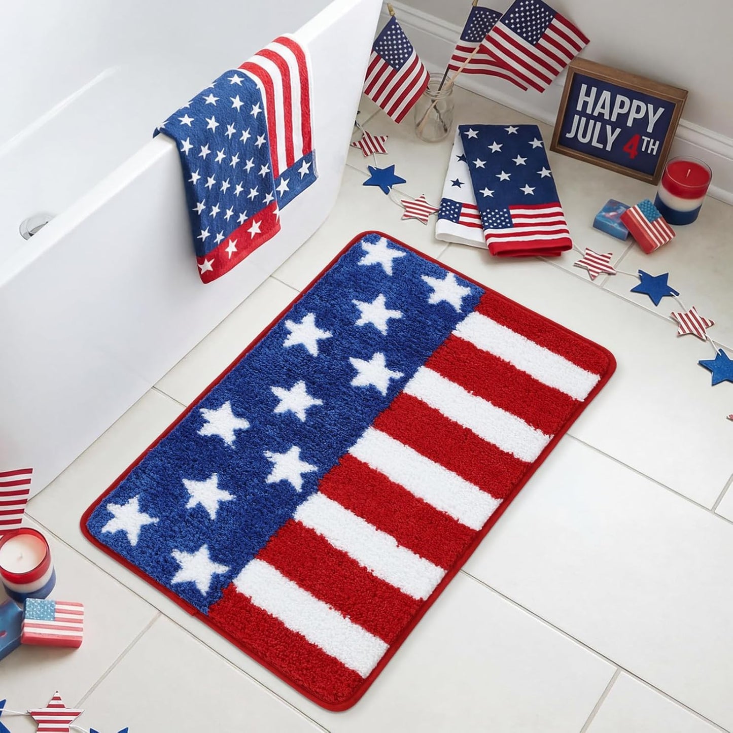 Moutina American Flag Patriotic Bathroom Rugs 17x29 Inch, Soft and Absorbent Tufted 4th of July Rug Non Slip Washable, Memorial Day Bathroom Decor Bath Mat Holiday Decorations