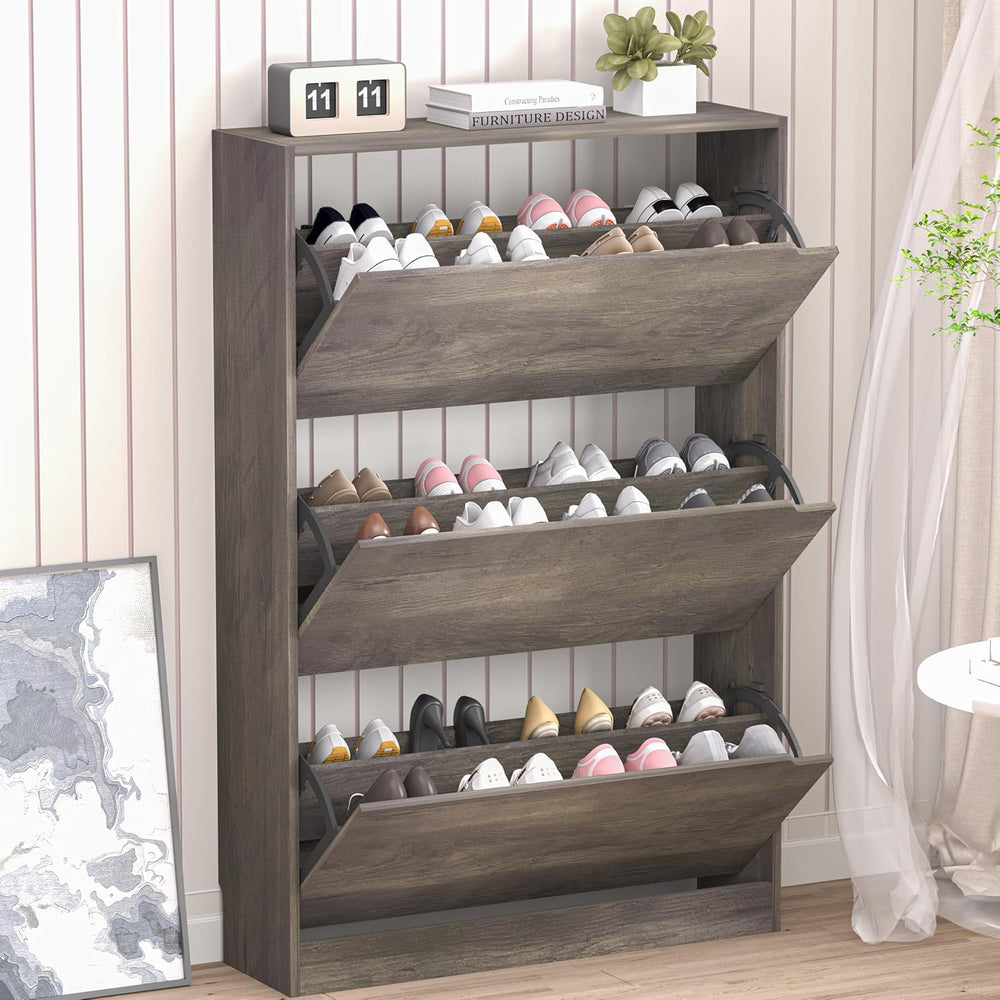 Shoe Cabinet with 3 Flip Drawers, Hidden Wood Shoe Cabinet, Freestanding Shoe