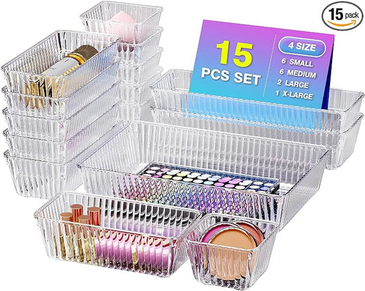 15 PCS Clear Plastic Drawer Organizer Set by Okylvve
