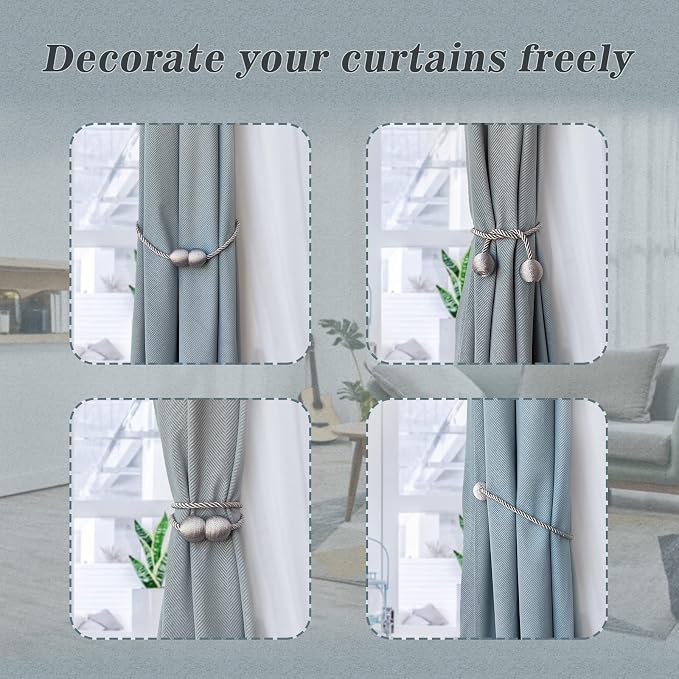 Hion Magnetic Curtain Tiebacks Gray Blue 6 Pack, Curtain Tiebacks Buckles - Image 4