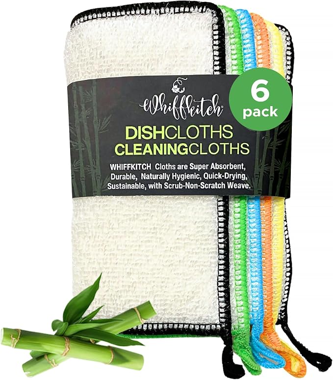Whiffkitch Dishcloths Dishrags for Kitchen and Household Cleaning 6x7 6-Pack by EcoFriendlyBambooCloths