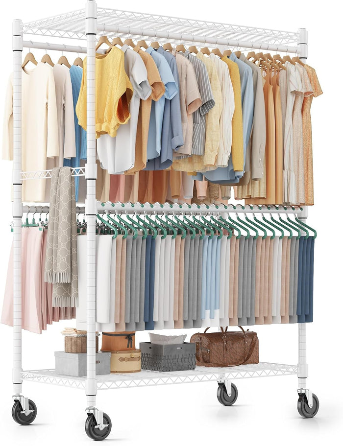 Homdox Heavy Duty Rolling Clothes Rack, Adjustable Clothing Rack for Hanging Clothes, Portable Closet Rack with 4 Hanging Rods, 2 Storage Shelves, 45" W x 20.5" D x 80" H, White