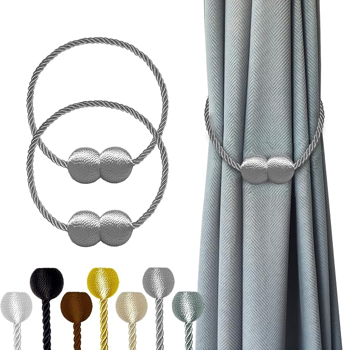 Hion Magnetic Curtain Tiebacks Grey 2pcs, Curtain Tiebacks Buckles Holdbacks by Hion