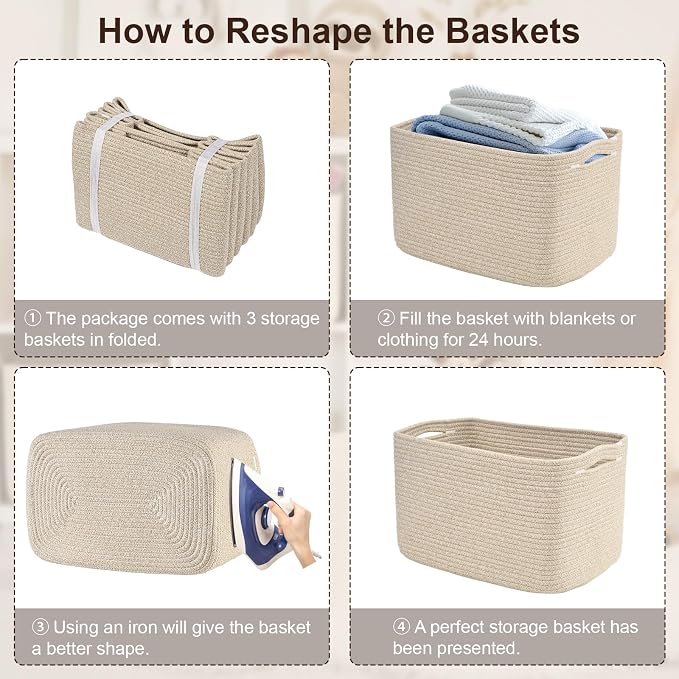 3-Pack Shelf Baskets for Organizing, Woven Storage Basket for Shelves, Cotton - Image 9
