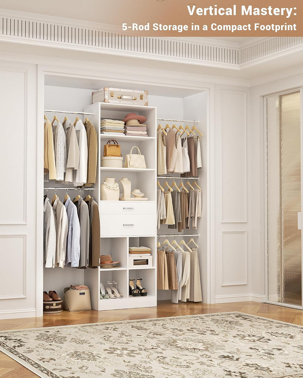 Besiost Small Closet System, 3.2-6.8FT Small Closet Organizer with 2 Wooden D...