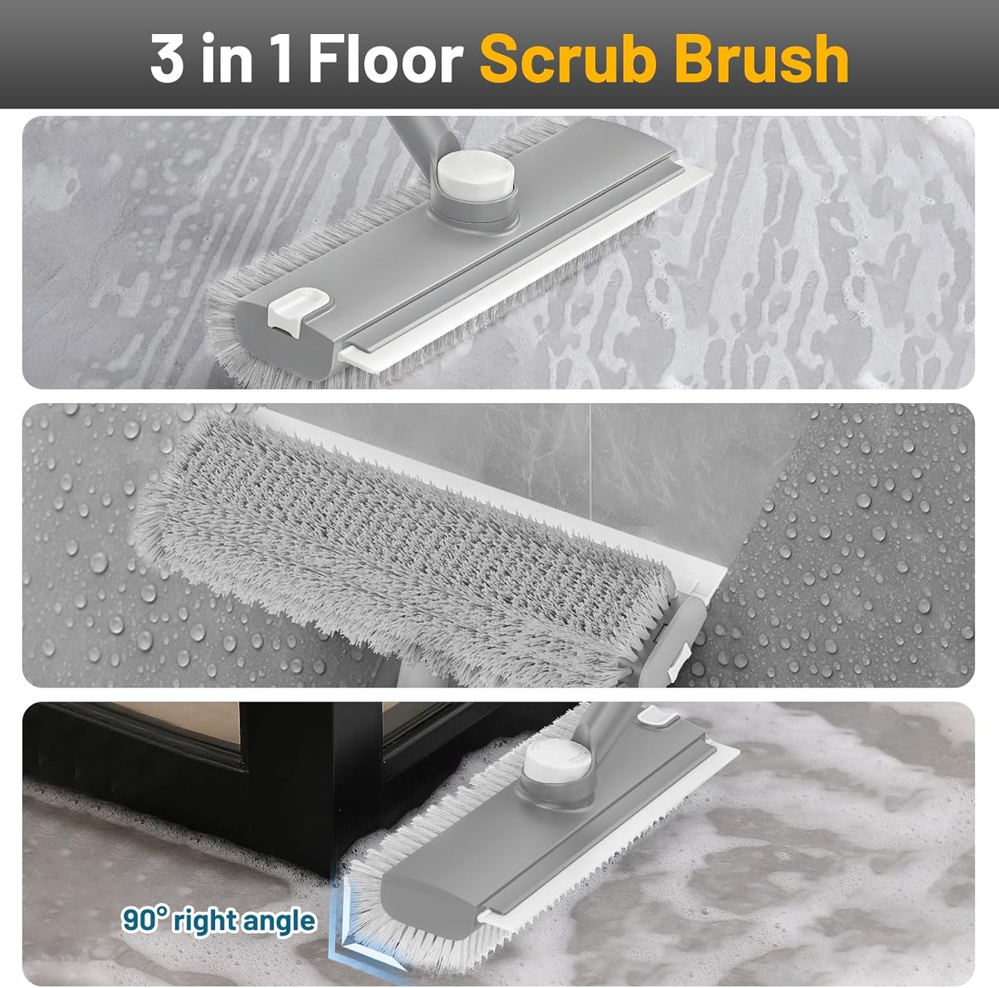 Floor Scrub Brush with Long Handle: 3 in 1 Heavy-Duty Floor Scrubber Brush with Squeegee for Cleaning Tile Bathroom Deck Kitchen Patio - Gray
