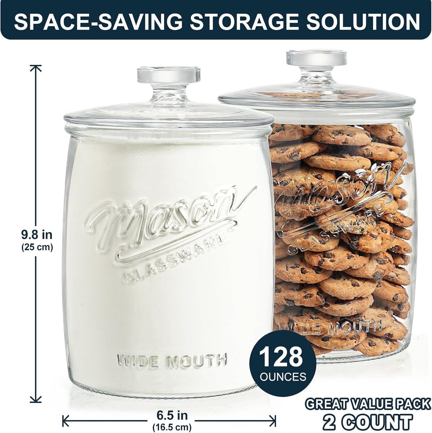 2 Pack Cookie Jar, 1 Gallon Glass Jar with Airtight Lids for Flour | Large Wide Mouth Mason Jar for Kitchen Pantry & Laundry Room, Glass Apothecary Canister Sets for Candy, Rice, Coffee, Display