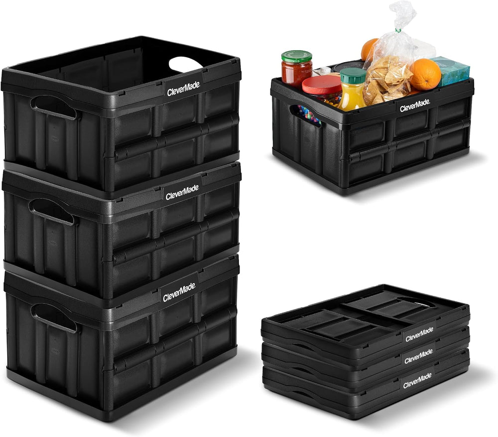 CleverMade Collapsible Storage Bins, 32L 3 Pack, 66 lb Stackable, Obsidian
