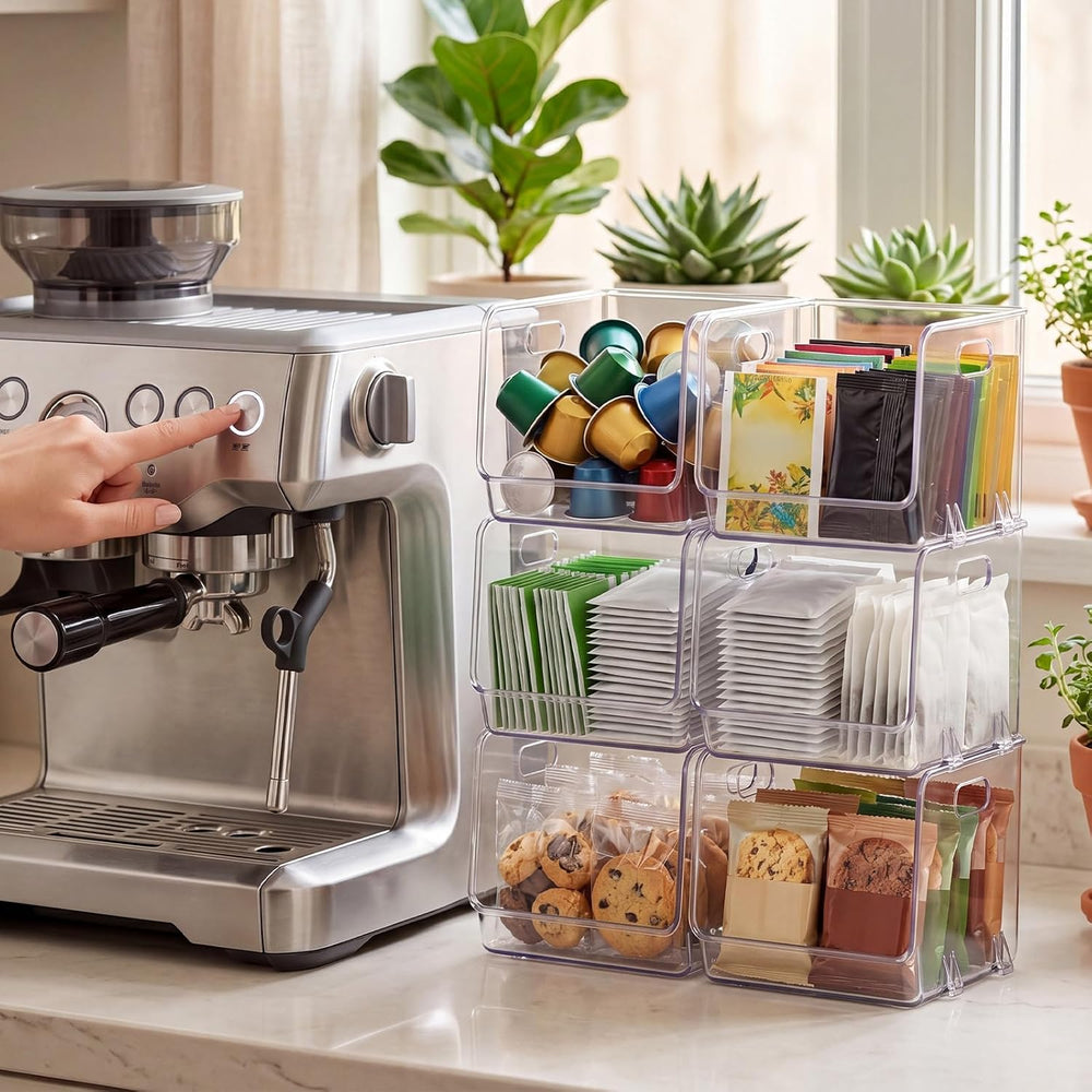 6 Pcs Clear Plastic Storage Bins Stackable Pantry Organizer