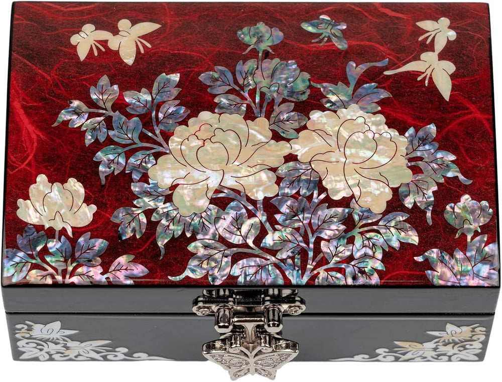February Mountain Korean Mother of Pearl Jewelry Box – Red Floral Peony Desig...