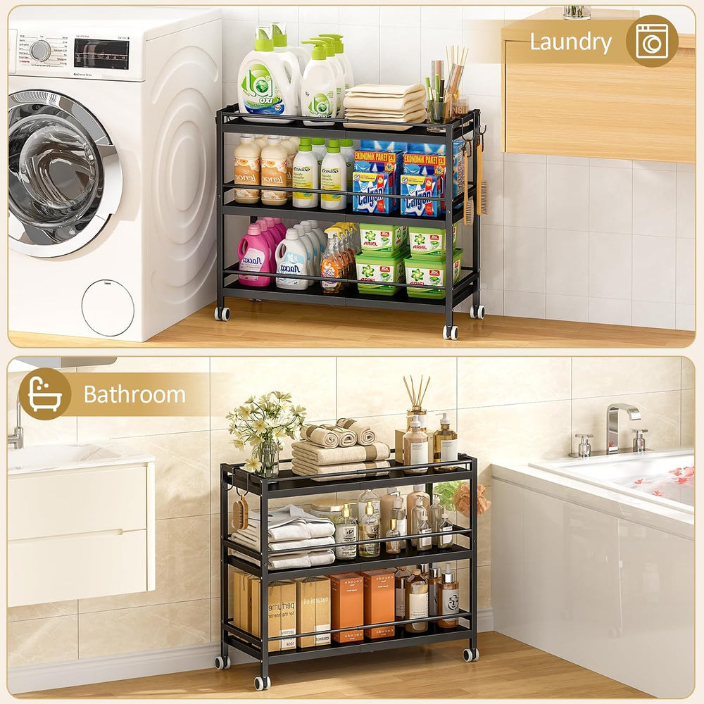 3-Tier Expandable Rolling Pantry Organizers and Storage Cart with Wheels, Adj...