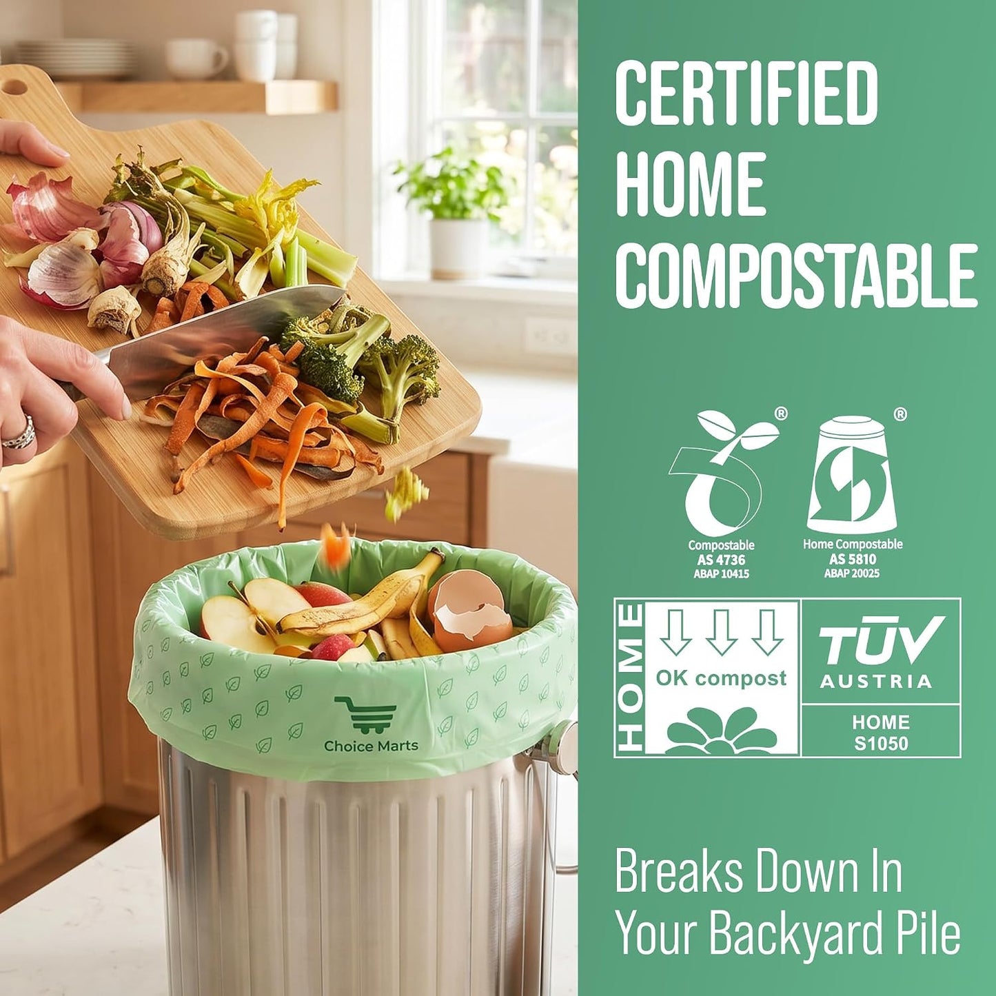 50 Home Compostable Trash Bags 1.6 Gallon Easy Tie Handles | Certified Home Compostable, Leak Resistant Kitchen Compost Bags, Easy Tie Handles, Fits Most Countertop Bins