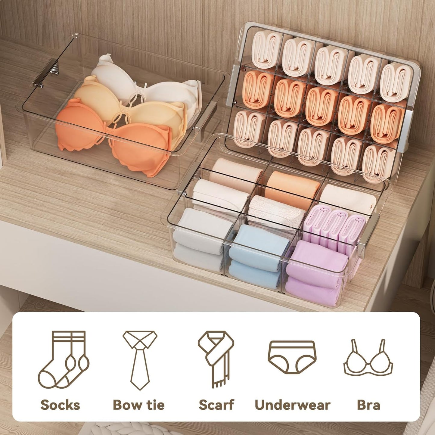 Socks Bra Underwear Drawer Organizer for Closet, 2 PCS Plastic Storage Box with 9 Removable Compartments and Lid, Clear Dresser Drawer Organizer Storage Container with Dividers for Sock Ties Belts