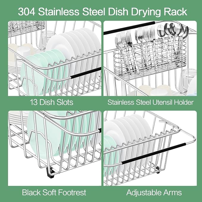 Large Sink Dish Drying Rack, Expandable 304 Stainless Steel Metal Dish Drainer - Image 7