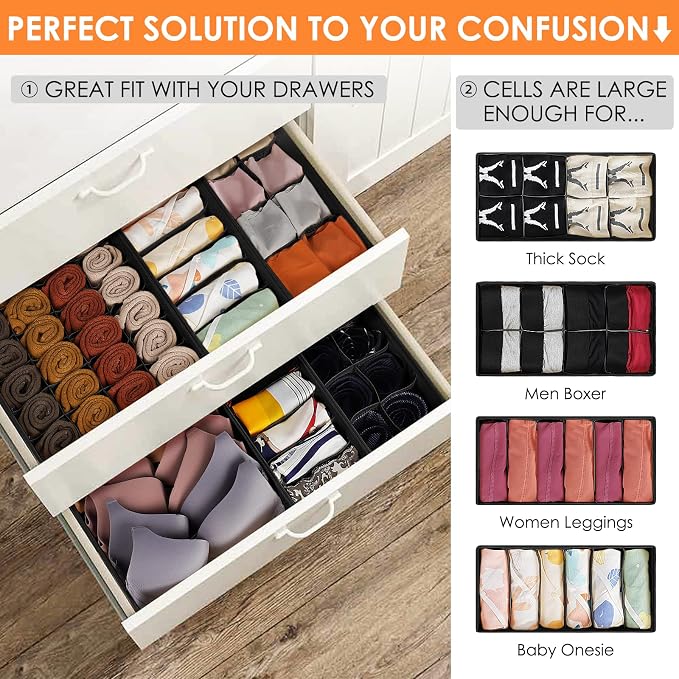 6 Pack Sock Underwear Drawer Organizer Dividers, 58 Cell Foldable Fabric - Image 3