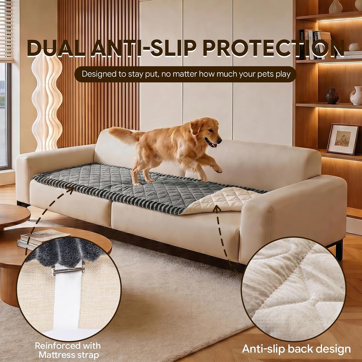 FUANGUI Couch Covers for Dogs Washable, Sofa Cover with Straps for 3 Cushion Couch, Non-Slip Pet Couch Protector for Sectional & Leather Sofa, 1PC (Dark Grey, 27.6" x 59")
