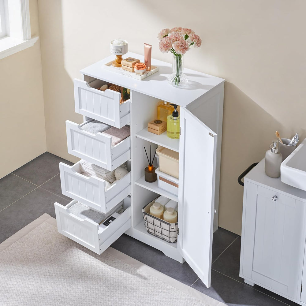Yaheetech Bathroom Storage Cabinet with 4 Beadboard Drawers and Door, White