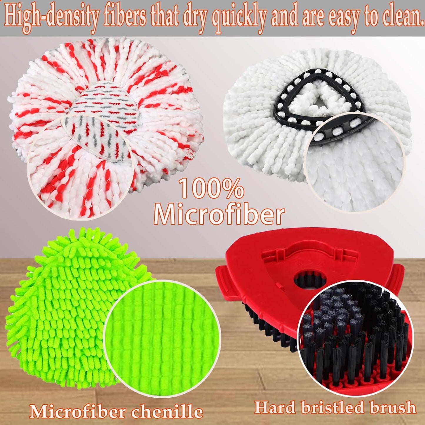 Mop Heads Replacement Handle Set for Ocedar Spin Mops EasyWring 1-Tank System, Includes 2 Microfiber Refills, 1 Chenille Head, 4-Section Iron 30-58" Mop Handle, 1 Scrub Brush, 1 Spin Base for O-Cedar