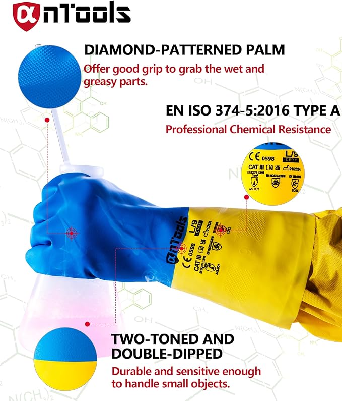2 Pairs Neoprene and Rubber Blend Heavy-Duty Chemical Gloves, Protective - Image 2